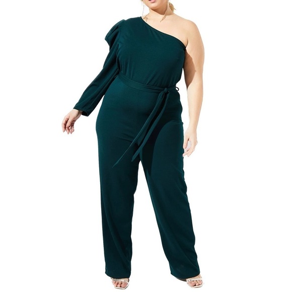 ASHLEY Stewart Size 26-32W Green Puff Sleeve One Shoulder Jumpsuit (T19.10) - Picture 1 of 6